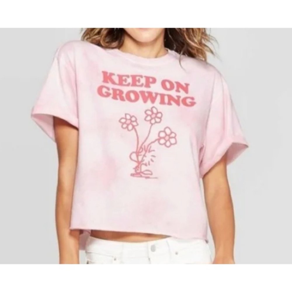 PEANUTS Woodstock Keep On Growing Crop Pink T-shirt Size Small